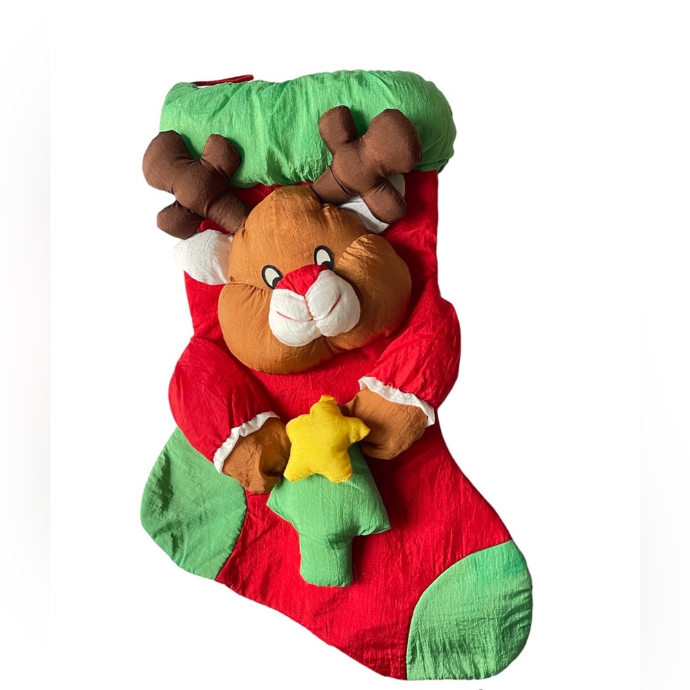 Vintage Puffy Nylon Reindeer Christmas Stocking Quilted Holiday Parachute 18”